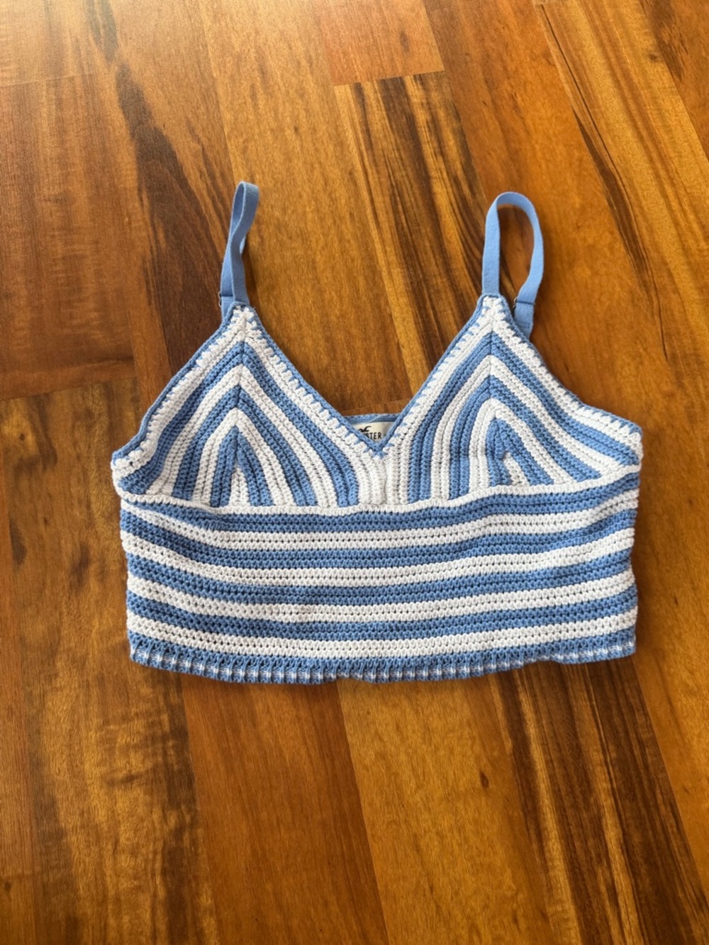 Hollister Blue and White Striped Crochet Tank Top